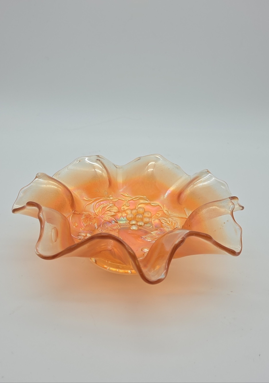 Fenton Marigold Carnival Glass Grapes Ruffled‎ Edge Bowl